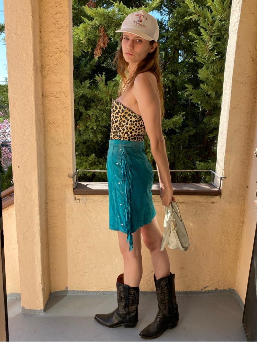 Turquoise leather Fringe Skirt - Women